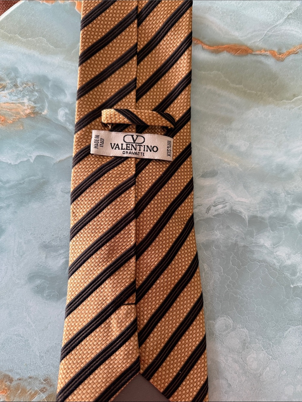 Valentino Black and Gold Diagonal Stripe Silk Tie